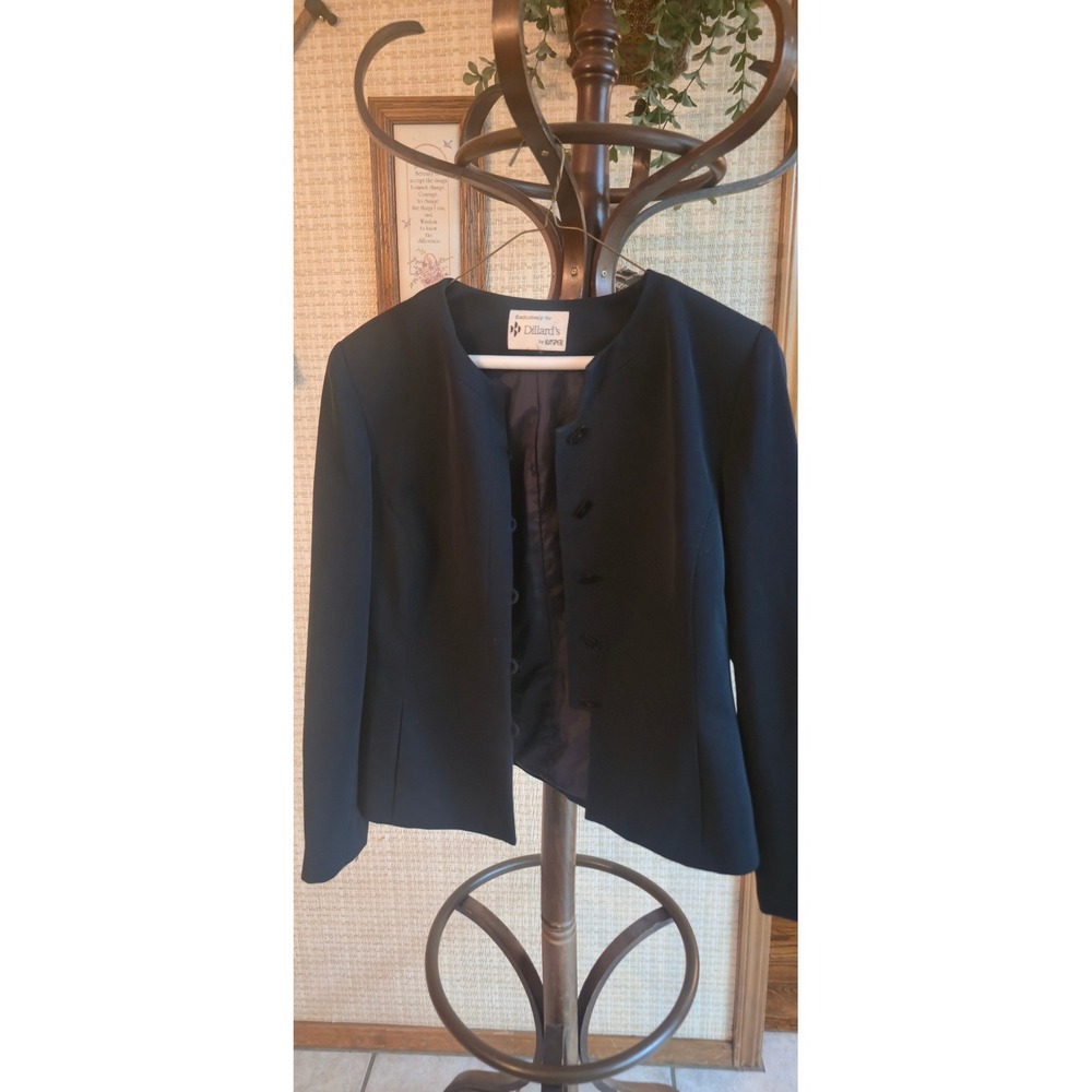 Kasper for Dillards Black Collarless Toggle Button Blazer Jacket Vintage Style